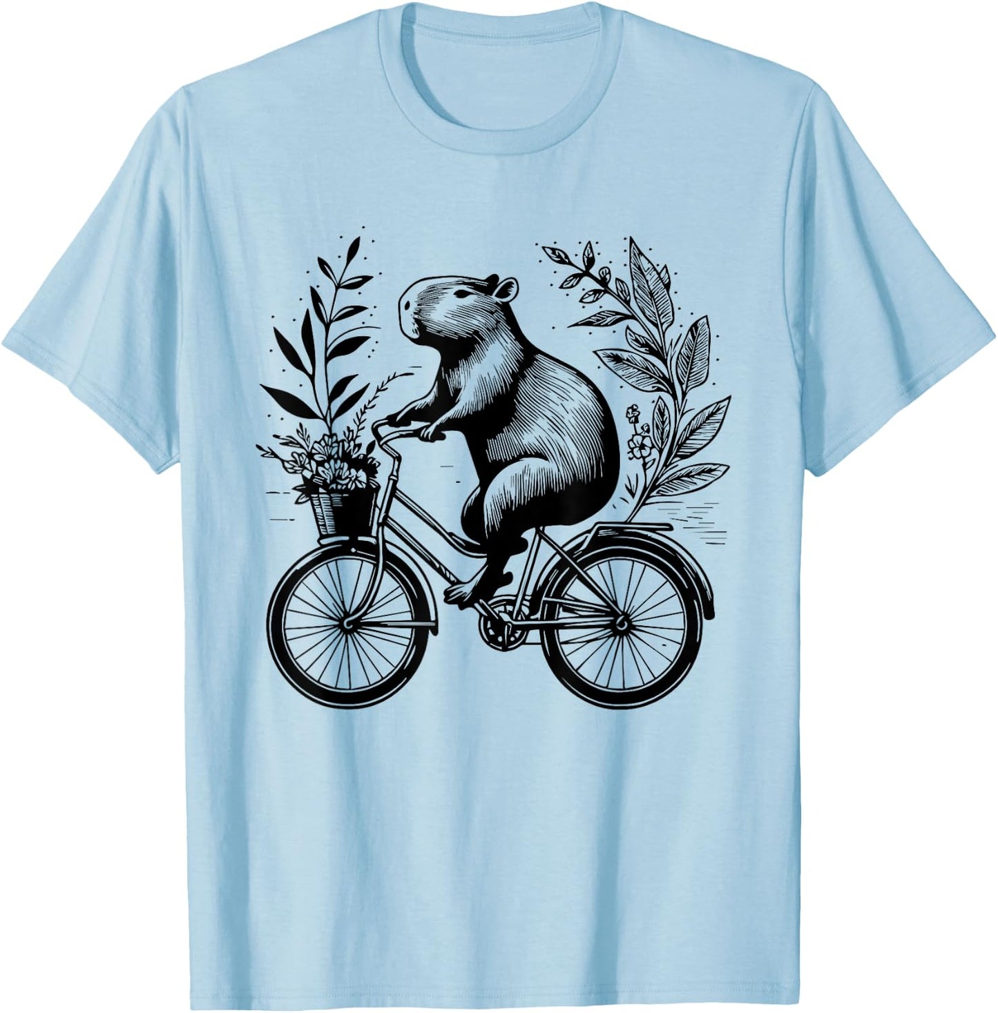 Capybara Riding Bicycle Floral Aesthetic Redent Capybara T-Shirt - T-Shirt | Light Blue