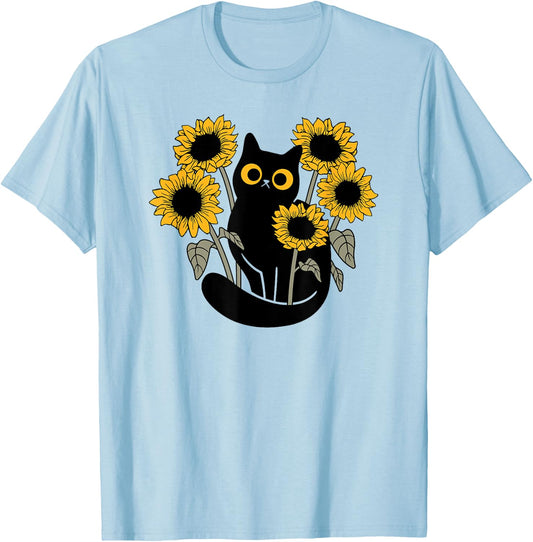 Black Cat in Sunflowers Women Girls Kids T-Shirt - T-Shirt | Light Blue