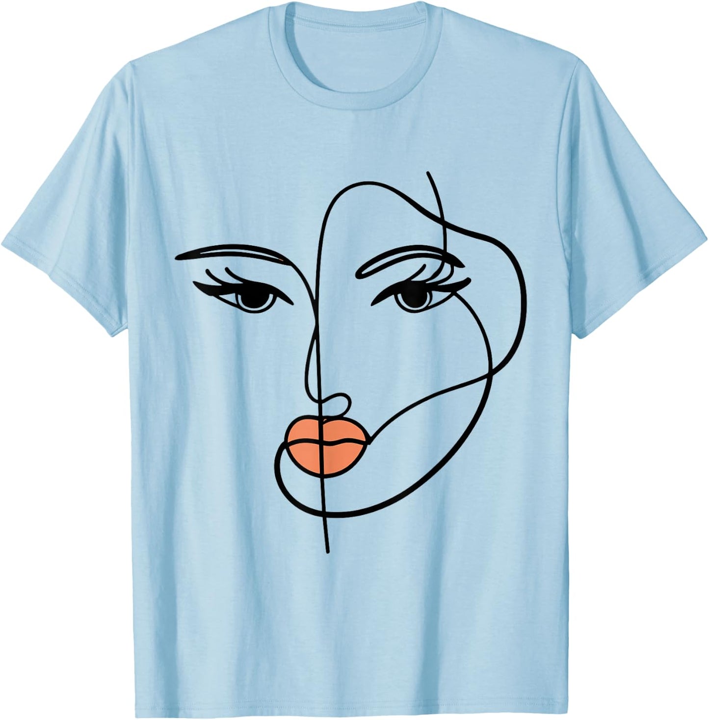 Line Art Girl Face Abstract Art Minimalist One Line Minimal T-Shirt - T-Shirt | Light Blue