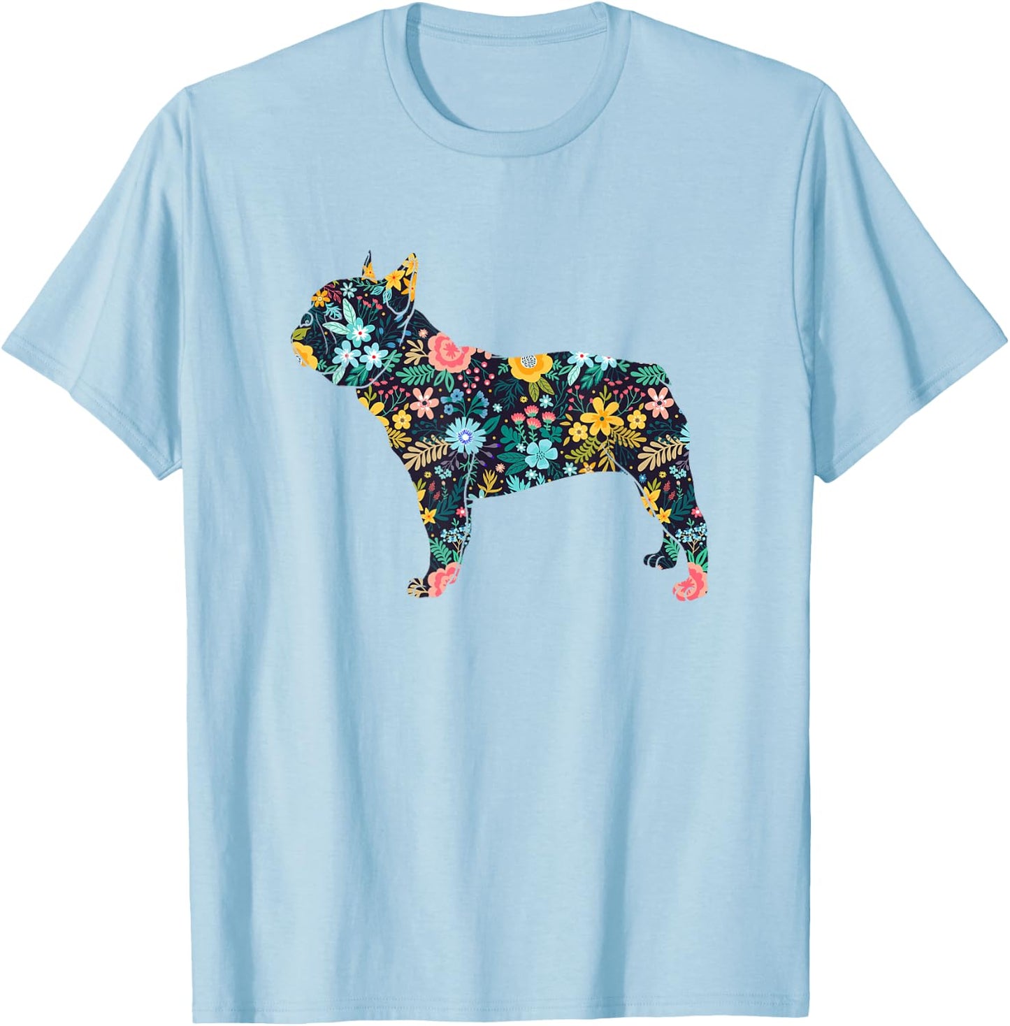 French Bulldog Floral Dog Silhouette Graphic T-Shirt - T-Shirt | Light Blue