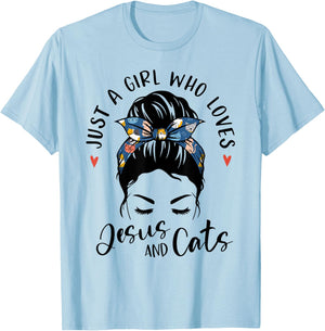 Just A Girl Who Loves Jesus And Cats Christian Gifts Kitty T-Shirt - T-Shirt | Light Blue