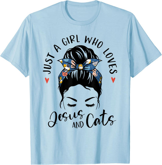 Just A Girl Who Loves Jesus And Cats Christian Gifts Kitty T-Shirt - T-Shirt | Light Blue
