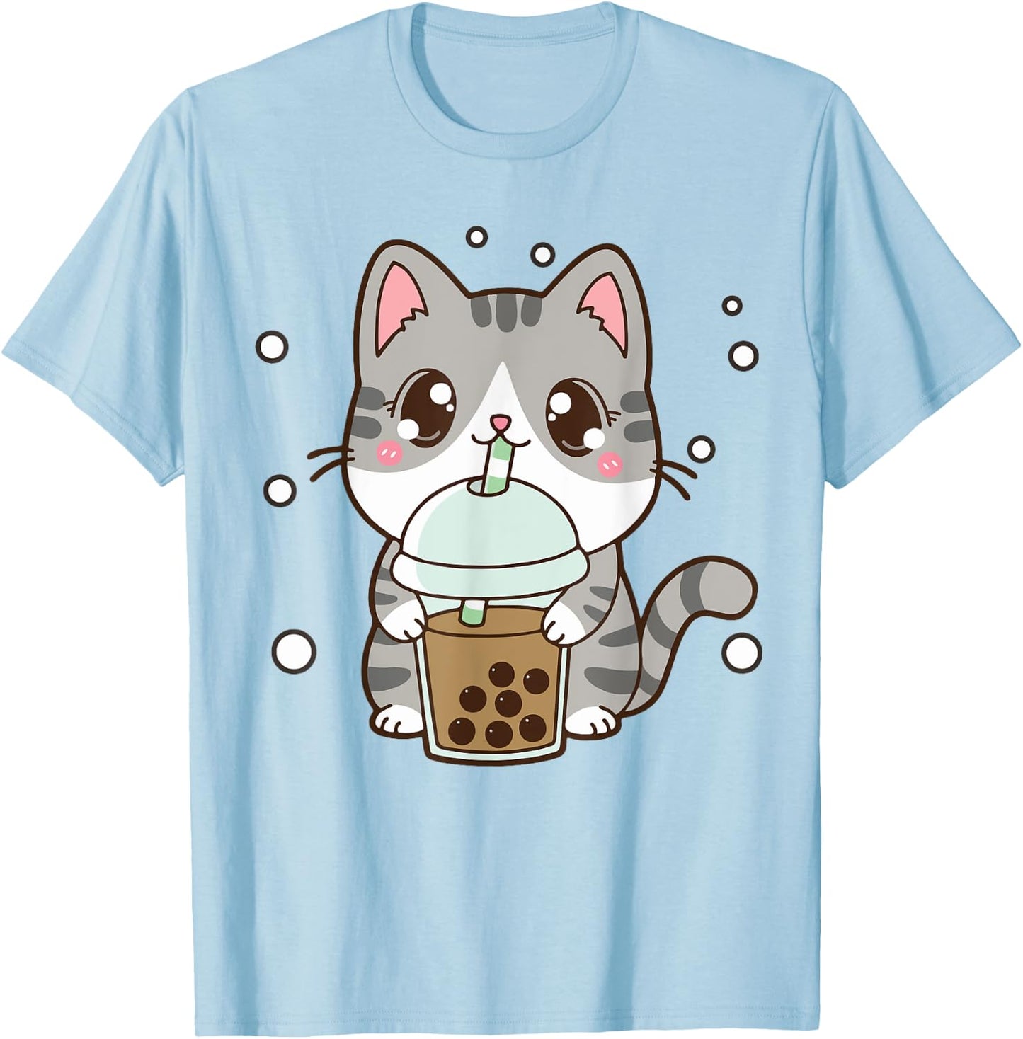 Cat Boba Bubble Tea Cute Kawaii Anime Teen Girl Kids Graphic T-Shirt - T-Shirt | Light Blue