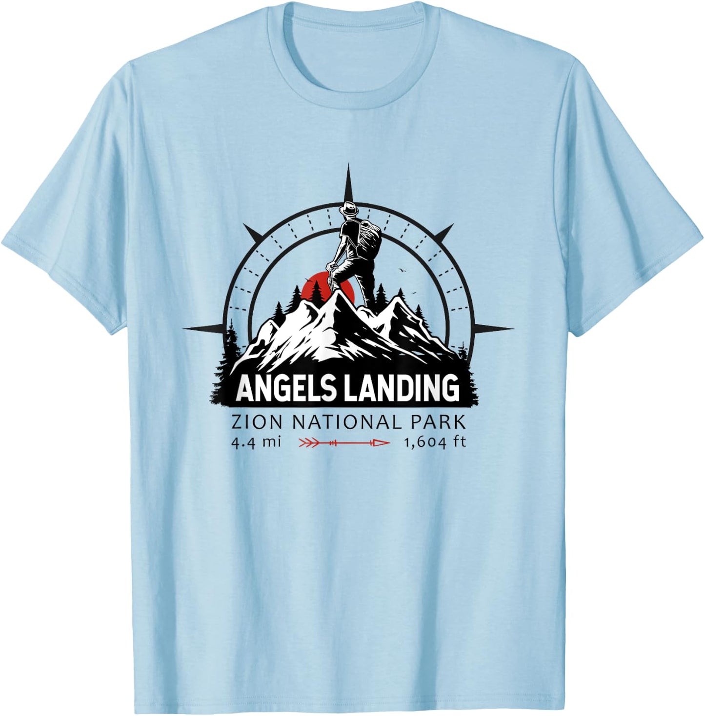 Angels Landing Trail Utah Hiker Compass Emblem T-Shirt - T-Shirt | Light Blue