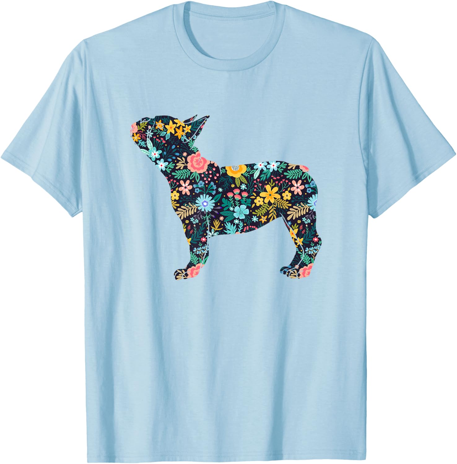 French Bulldog Floral Dog Silhouette Graphic T-Shirt - T-Shirt | Light Blue