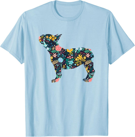 French Bulldog Floral Dog Silhouette Graphic T-Shirt - T-Shirt | Light Blue
