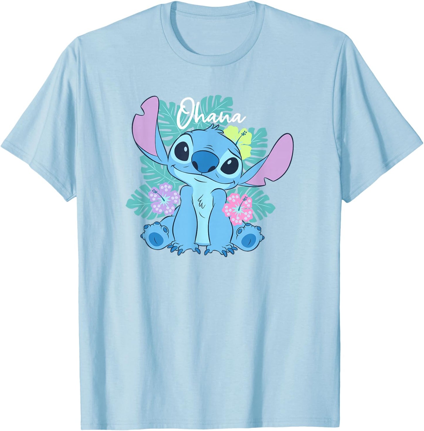 Disney Lilo & Stitch Ohana Adorable Pose Floral Logo T-Shirt - T-Shirt | Light Blue