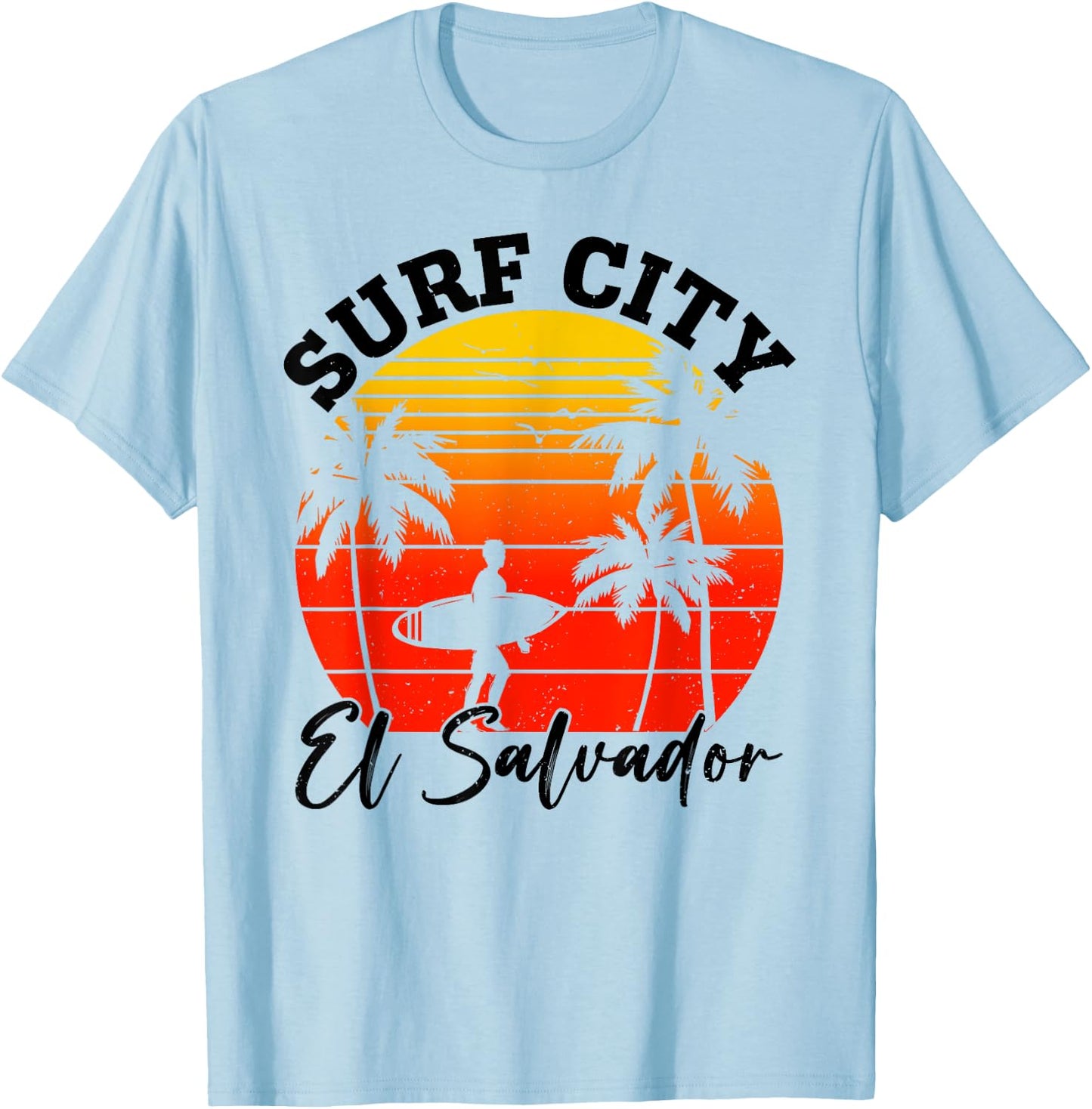 Surf City El Salvador Retro Sunset Surfer Man Woman Surfing T-Shirt - T-Shirt | Light Blue