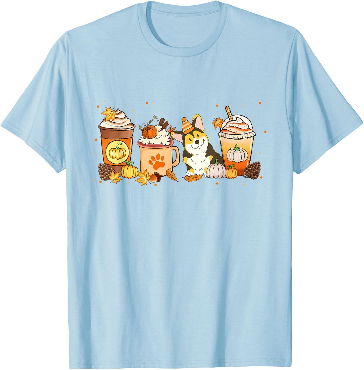 Corgi Coffee Pumpkin Spice Dog Lovers Fall Thanksgiving T-Shirt - T-Shirt | Light Blue
