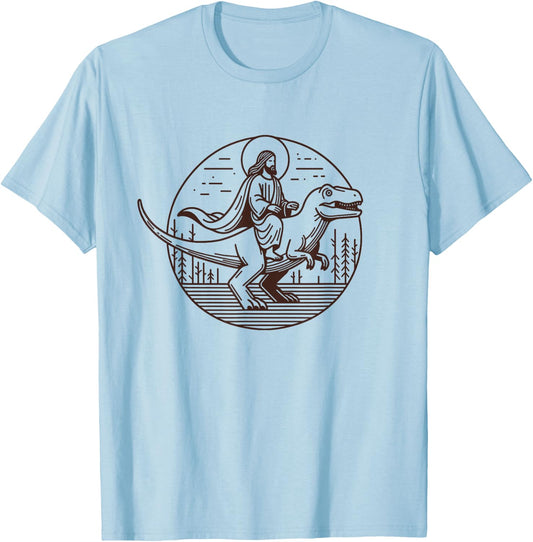 Funny Jesus Riding T-Rex Dinosaur Meme Parody for Believers T-Shirt - T-Shirt | Light Blue