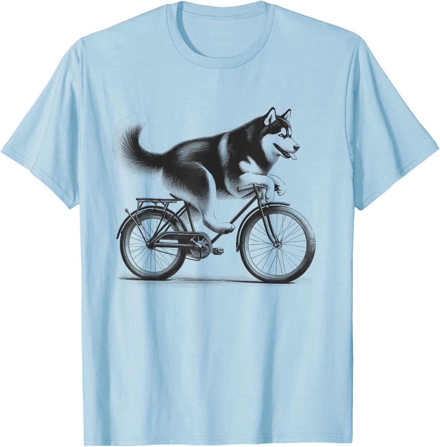 Siberian Husky Dog Riding a Bike Bicycle Biker Cycling T-Shirt - T-Shirt | Light Blue