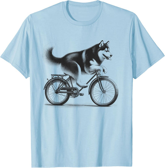 Siberian Husky Dog Riding a Bike Bicycle Biker Cycling T-Shirt - T-Shirt | Light Blue