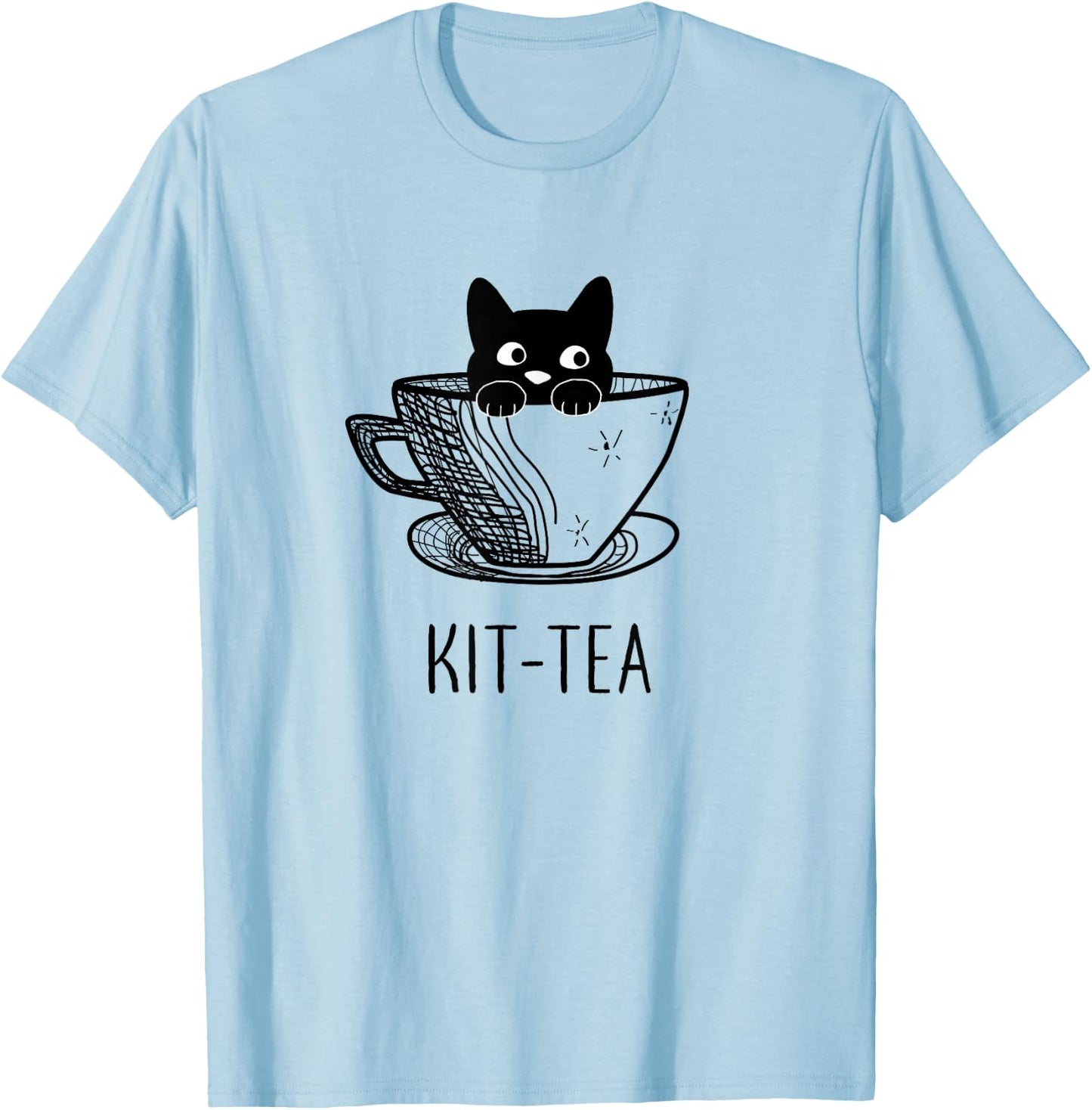 Funny Black Cat Kit-Tea Graphic T-Shirt - T-Shirt | Light Blue