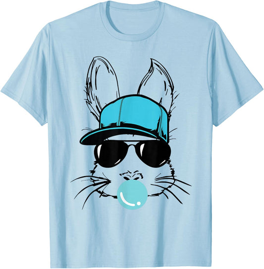 Bunny Face With Hat Sunglasses Bubble Gum Easter Day Boy Kid T-Shirt - T-Shirt | Light Blue