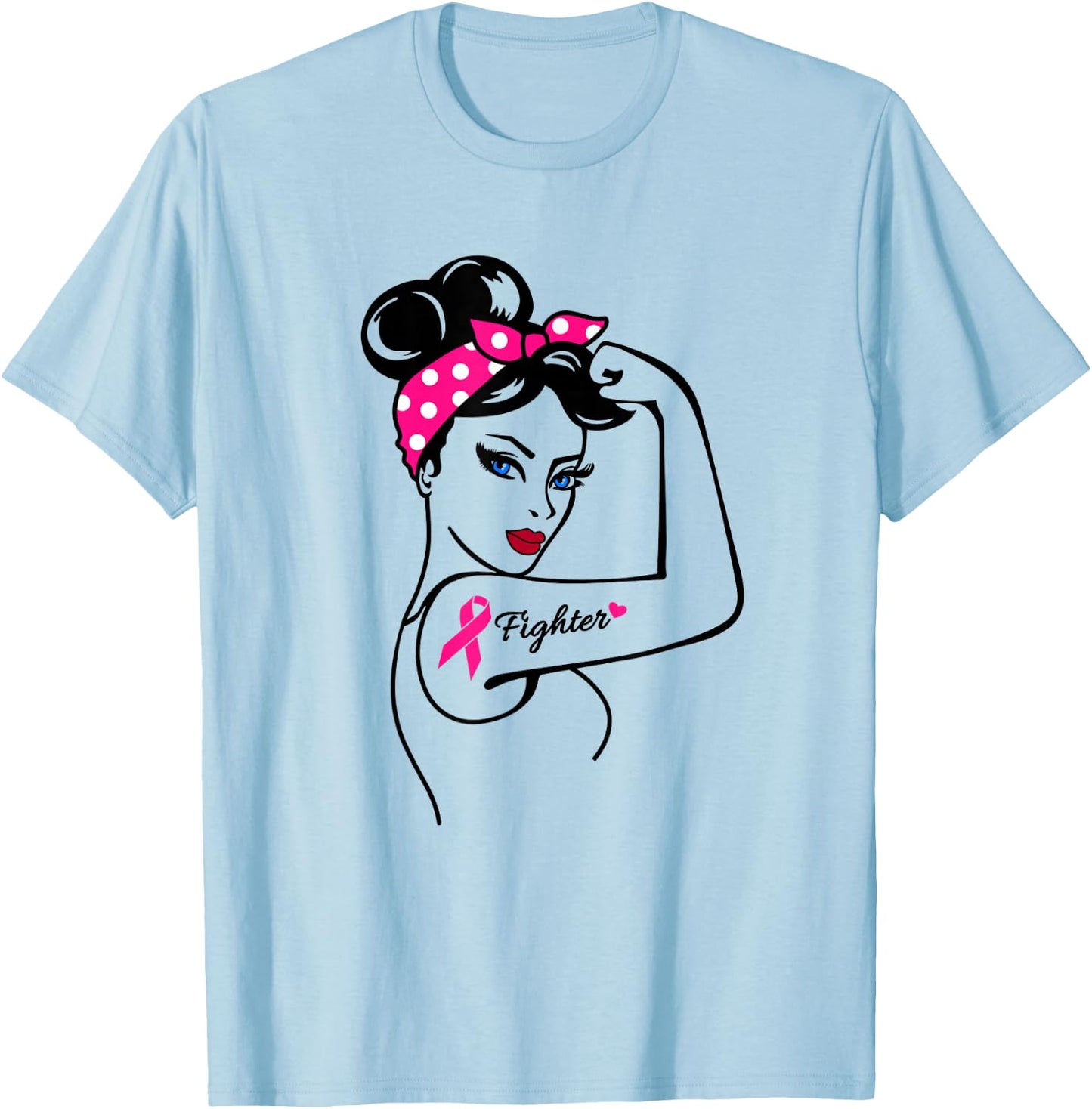 Fighter Rosie The Riveter Breast Cancer Awareness T-Shirt - T-Shirt | Light Blue