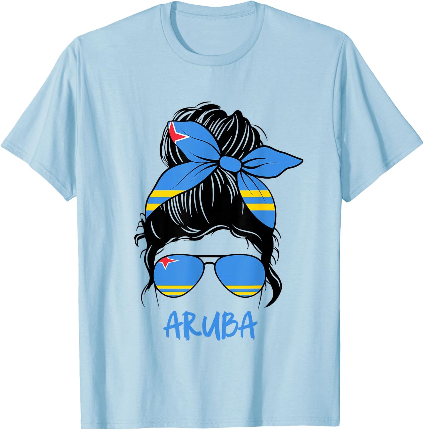 Aruba Messy bun with Flag Bow Sunglasses and Caribbean Pride T-Shirt - T-Shirt | Light Blue