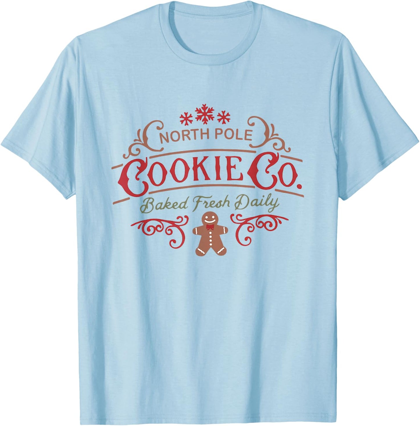 Women Retro Christmas Gingerbread Bakery North Pole Cookie T-Shirt - T-Shirt | Light Blue