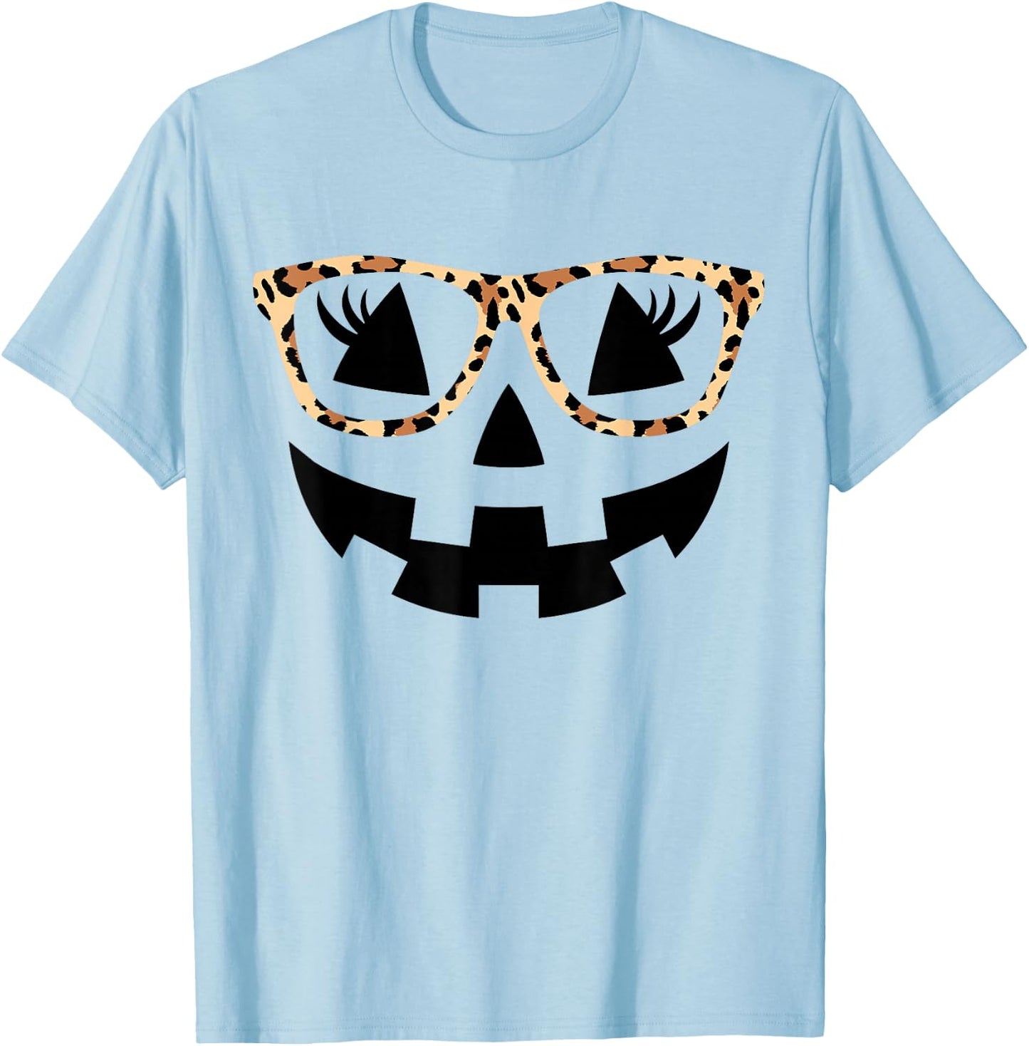 Jack O Lantern Face Pumpkin Hallowen Leopard Print Glasses T-Shirt - T-Shirt | Light Blue
