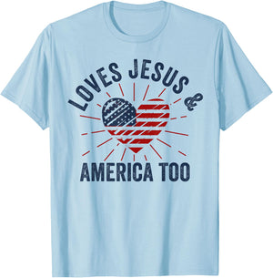 Loves Jesus and America Too God Christian 4th of July Women Kids Men T-Shirt - T-Shirt | Light Blue