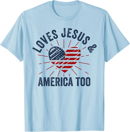 Loves Jesus and America Too God Christian 4th of July Women Kids Men T-Shirt - T-Shirt | Light Blue