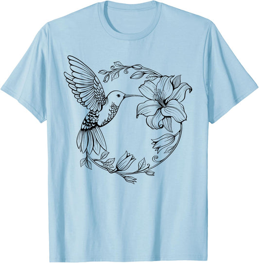 Hummingbird with Flowers Art Women Birds Lovers T-Shirt - T-Shirt | Light Blue