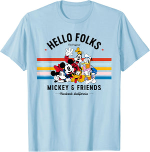 Disney Original Mickey & Friends Hello Folks Retro Vintage T-Shirt - T-Shirt | Light Blue