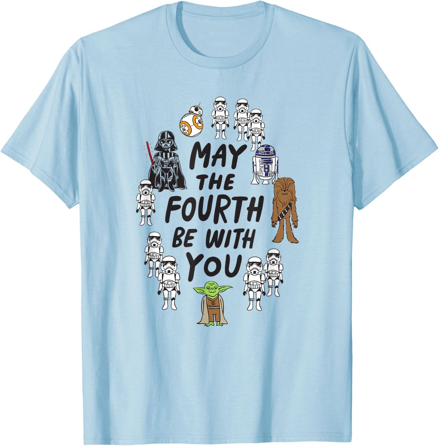 Amazon Essentials Boys' May the Fourth Be With You Doodle Characters , White, Small T-Shirt - T-Shirt | Light Blue