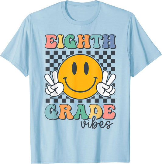 Eighth Grade Vibes Retro Smile Back To School 8th Grade Team T-Shirt - T-Shirt | Light Blue