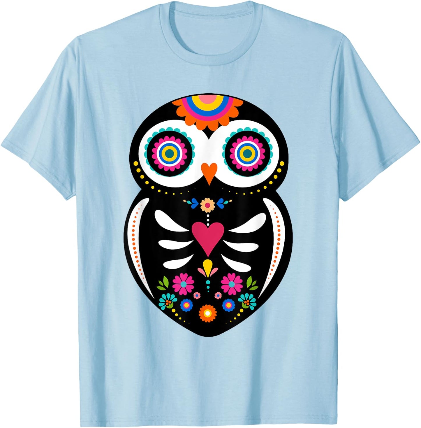 Dia de los Muertos Night Owl Sugar Skull Mexican Halloween T-Shirt - T-Shirt | Light Blue
