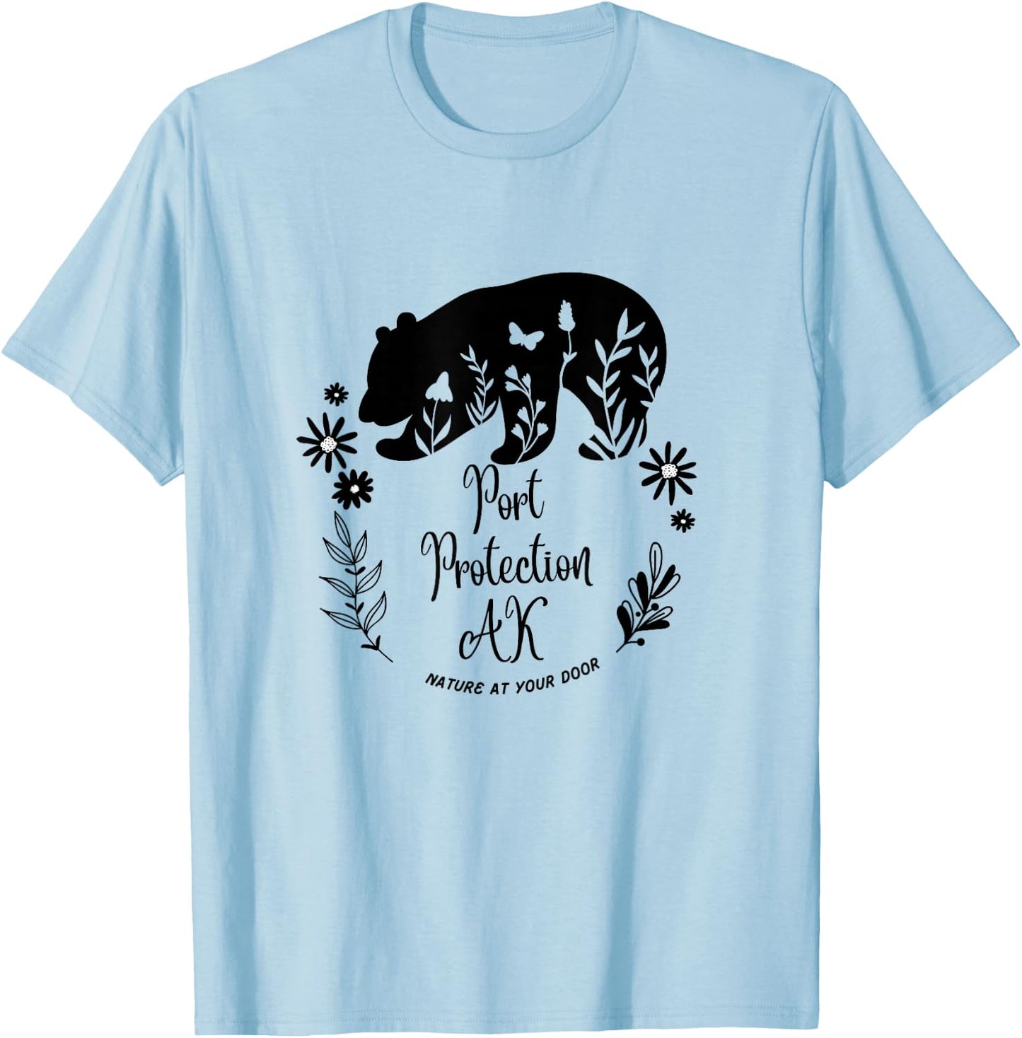 Port Protection Alaska Bear & Flowers Nature At Your Door T-Shirt - T-Shirt | Light Blue