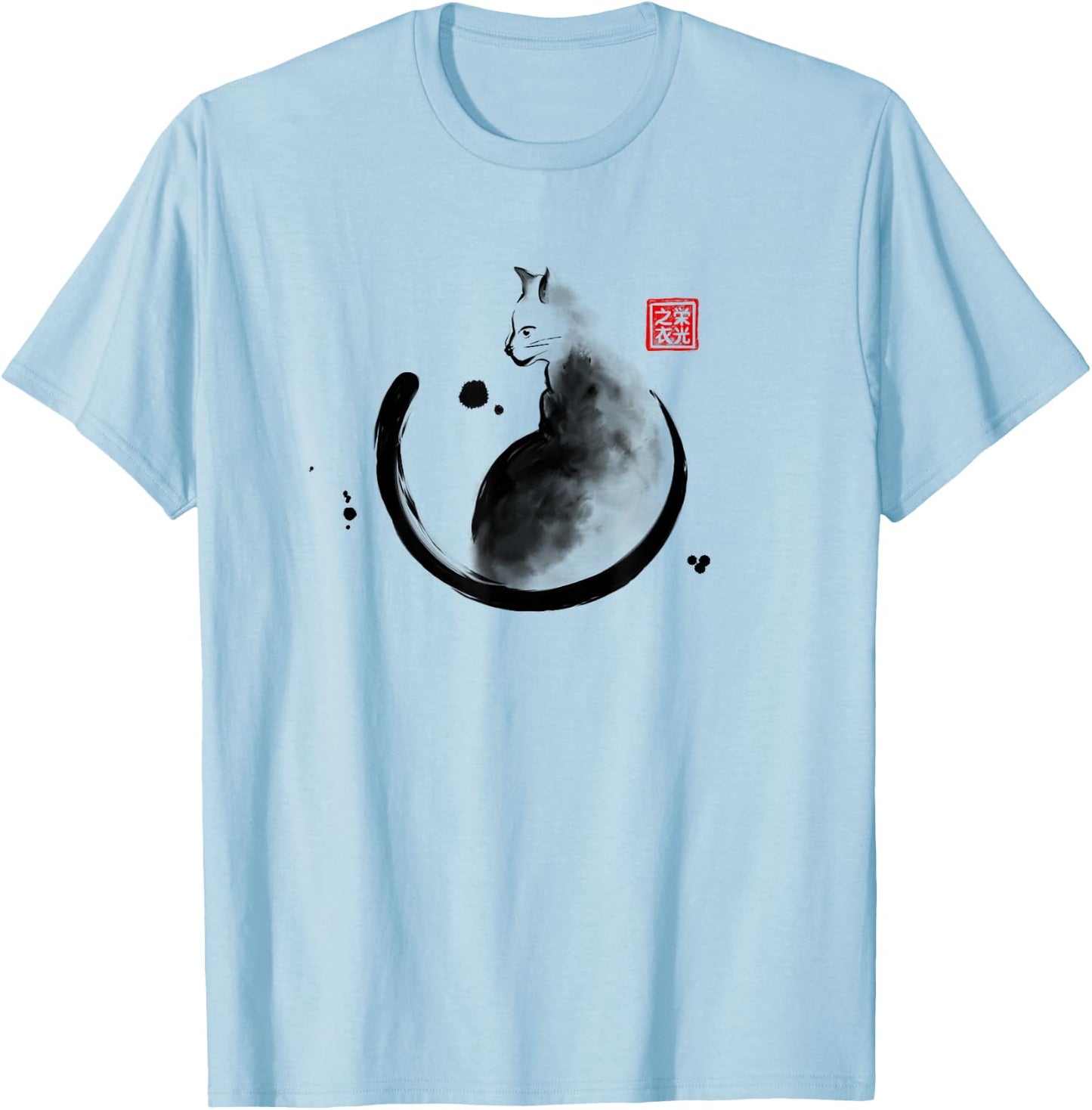 Artistic Cat Feline Japanese Ink Sumi-e Design Men Women Kids T-Shirt - T-Shirt | Light Blue