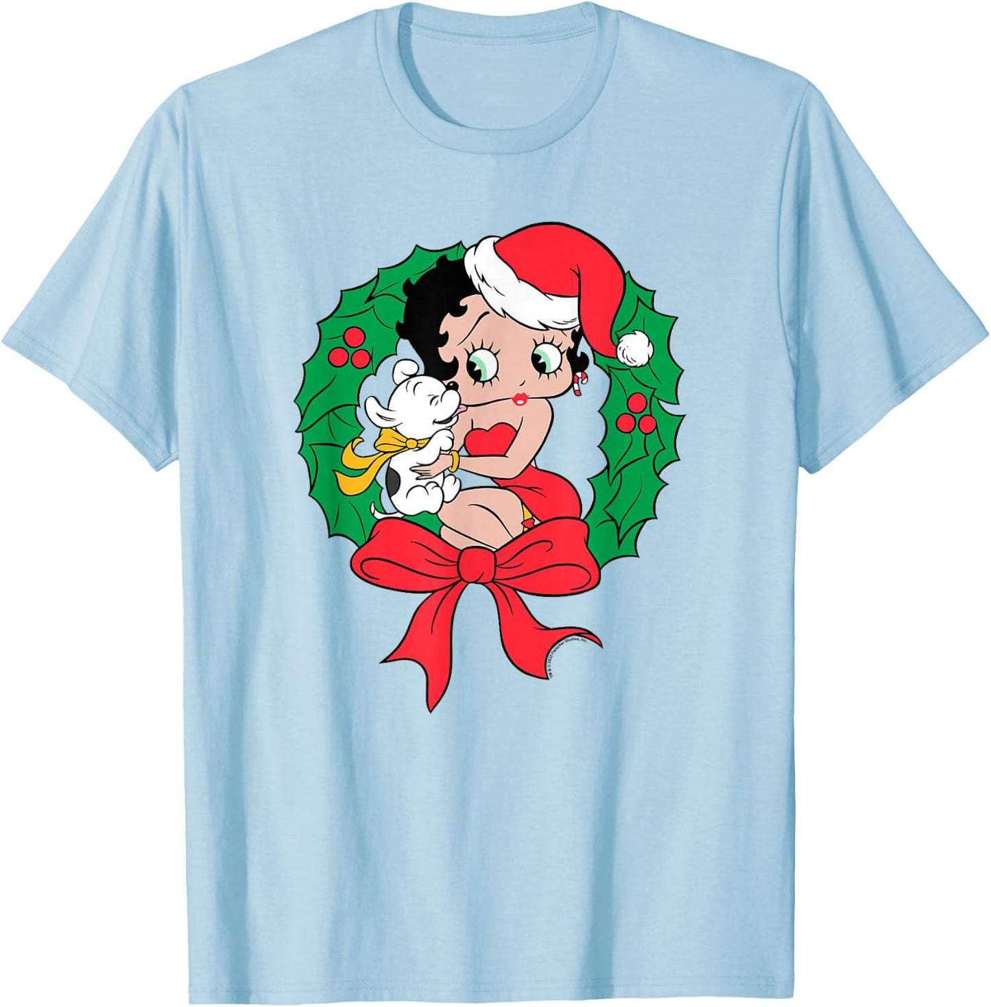 Betty Boop Santa Outfit Seated Wreath T-Shirt - T-Shirt | Light Blue