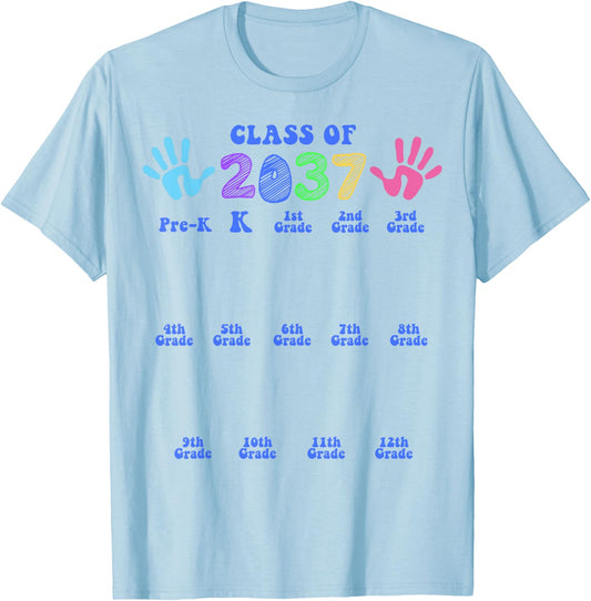 Class of 2037 Grow with Me Color Handprint Pre-k 12th Grade T-Shirt - T-Shirt | Light Blue