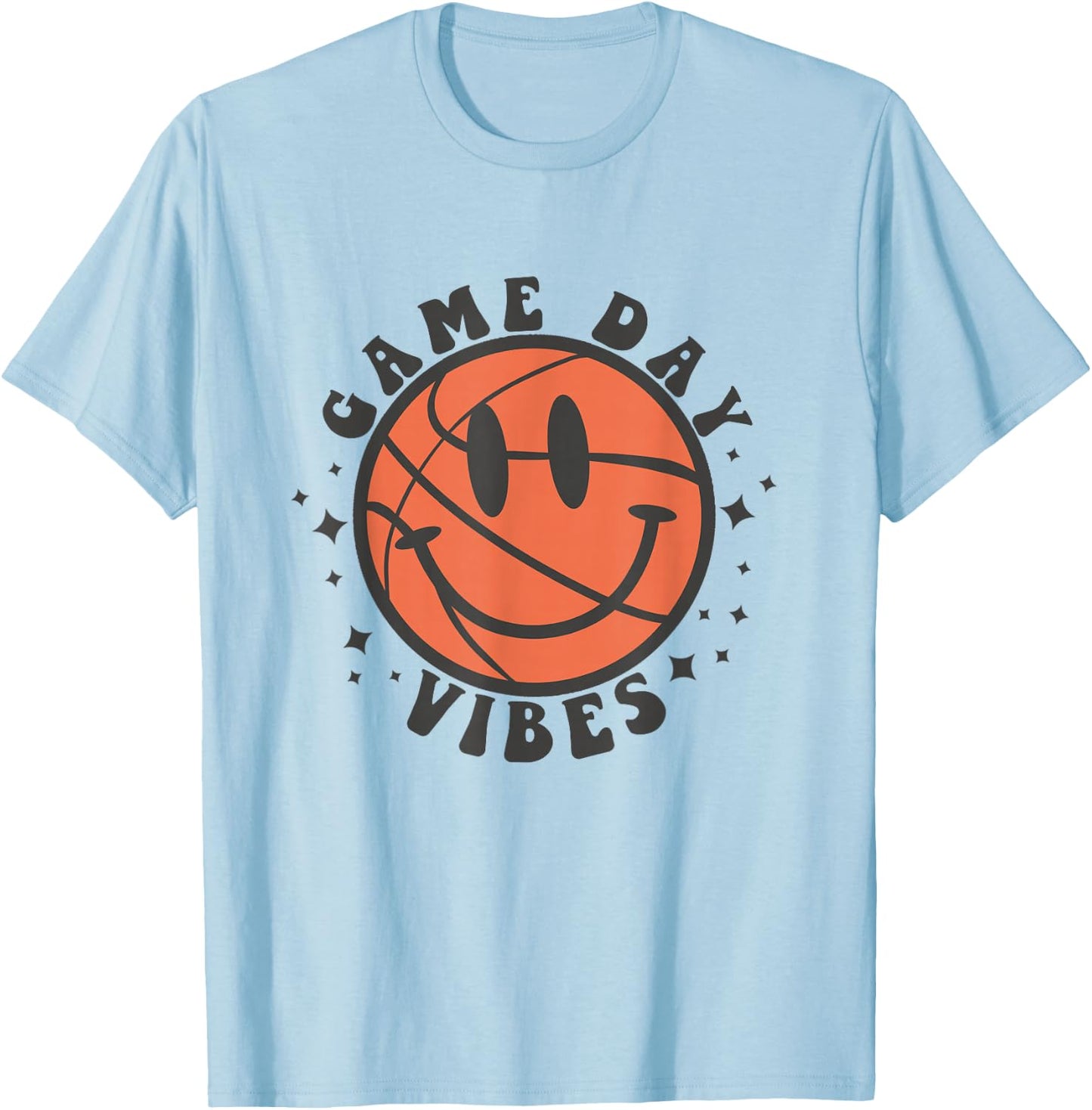 Game Day Vibes Groovy Retro Happy Face Basketball Fan Lover T-Shirt - T-Shirt | Light Blue