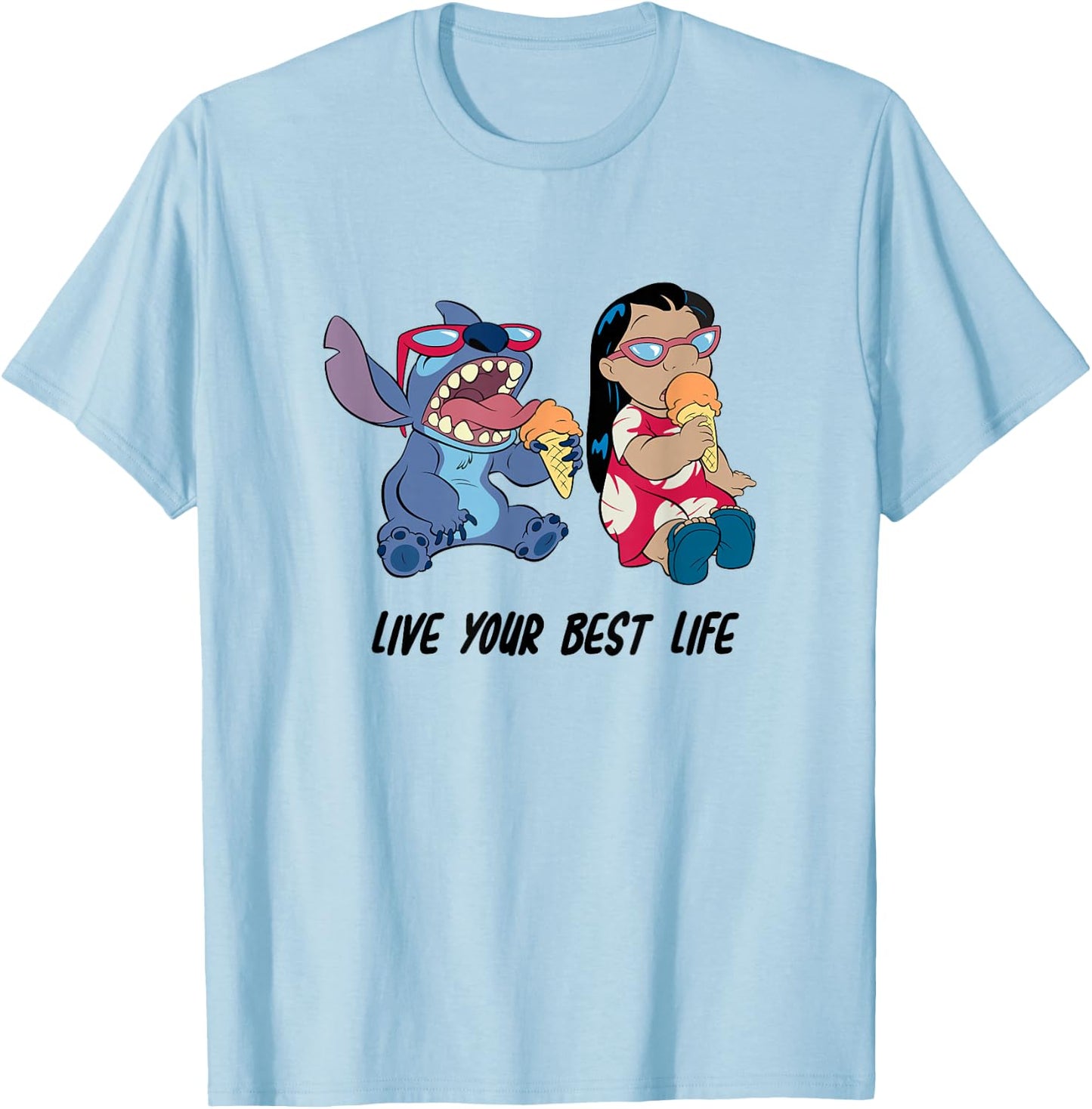 Disney Lilo & Stitch Eating Ice Cream Live Your Best Life T-Shirt - T-Shirt | Light Blue