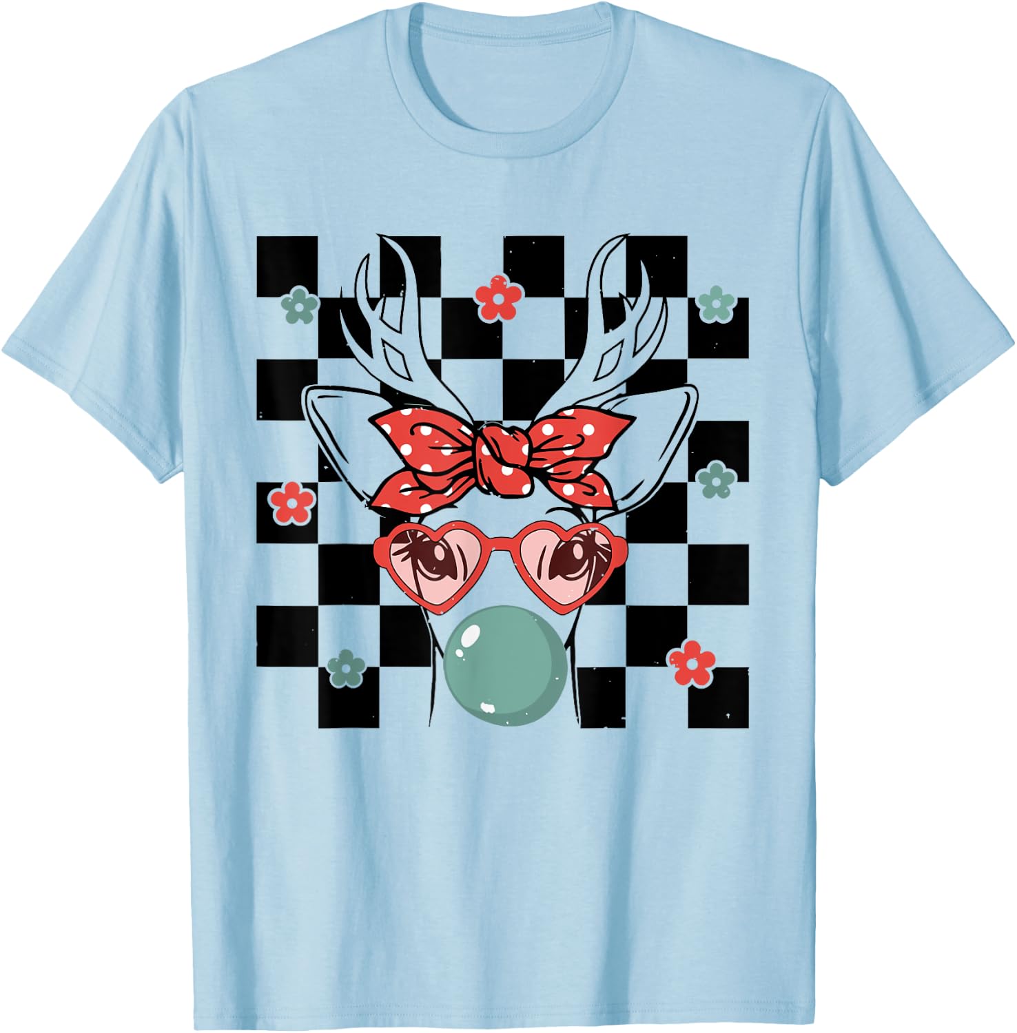 Cute Reindeer Wearing Glasses Bubblegum Checkered Christmas T-Shirt - T-Shirt | Light Blue