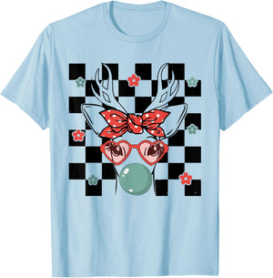 Cute Reindeer Wearing Glasses Bubblegum Checkered Christmas T-Shirt - T-Shirt | Light Blue