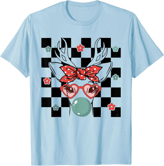 Cute Reindeer Wearing Glasses Bubblegum Checkered Christmas T-Shirt - T-Shirt | Light Blue