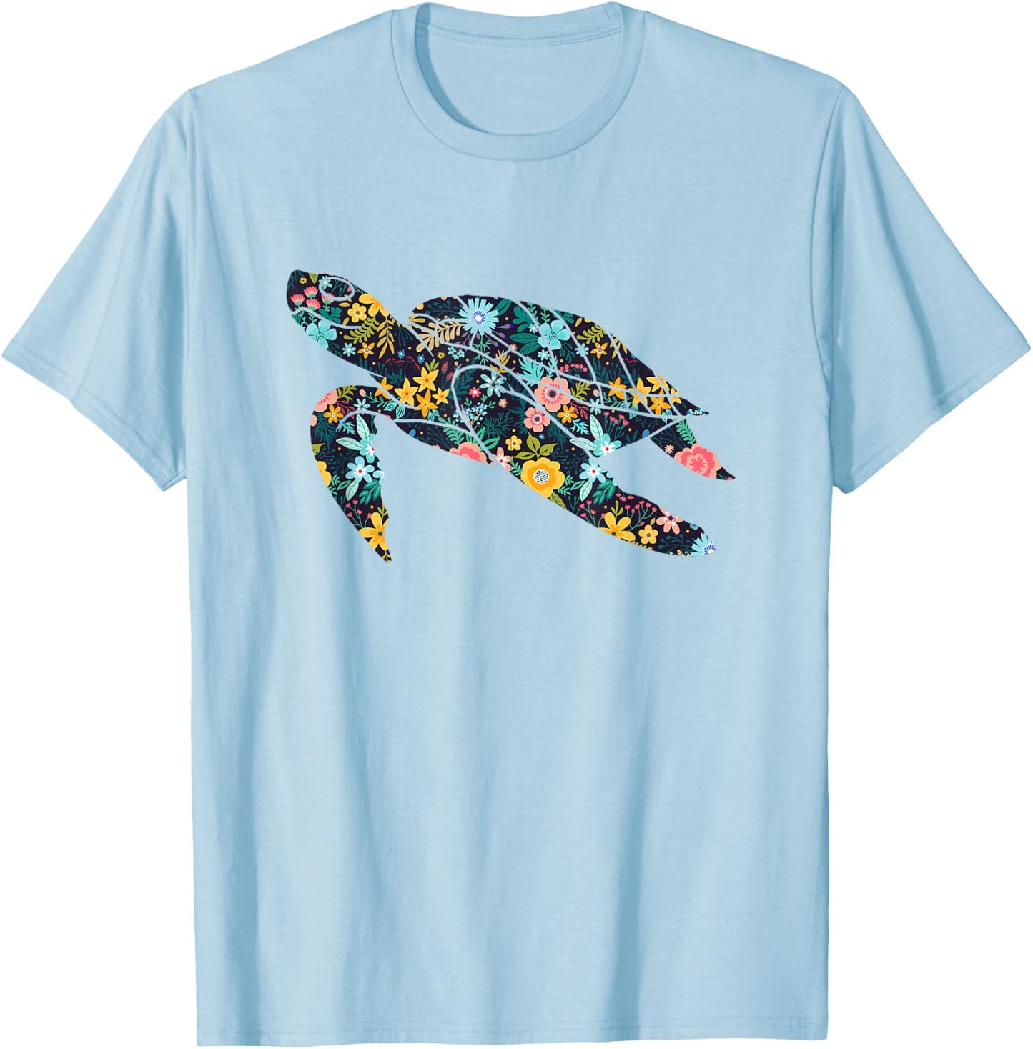 Floral Sea Turtle Silhouette Girls Graphic T-Shirt - T-Shirt | Light Blue
