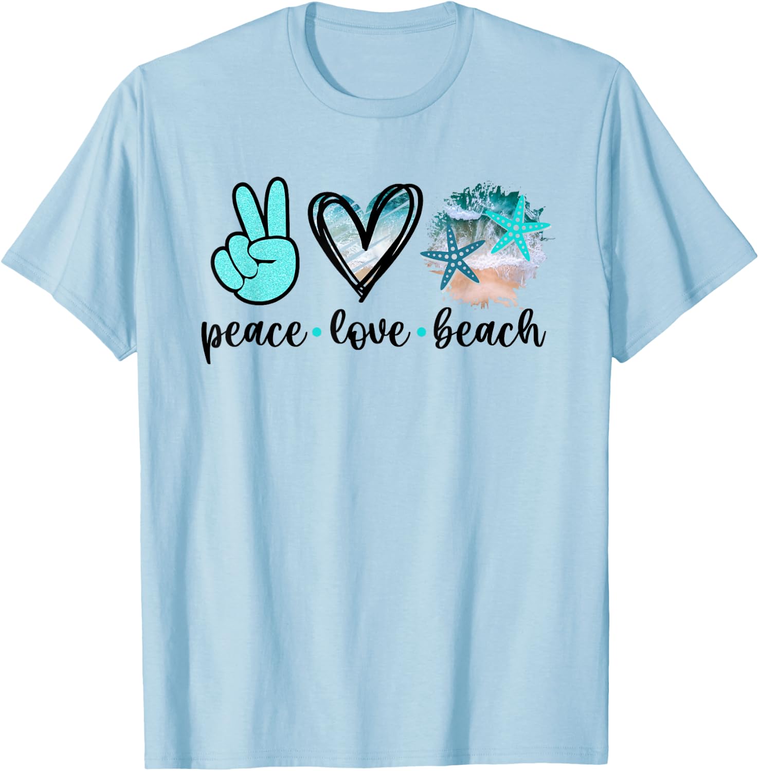 Peace Love Beach - Summer Hippie Ocean Vacation Sun Seaside T-Shirt - T-Shirt | Light Blue