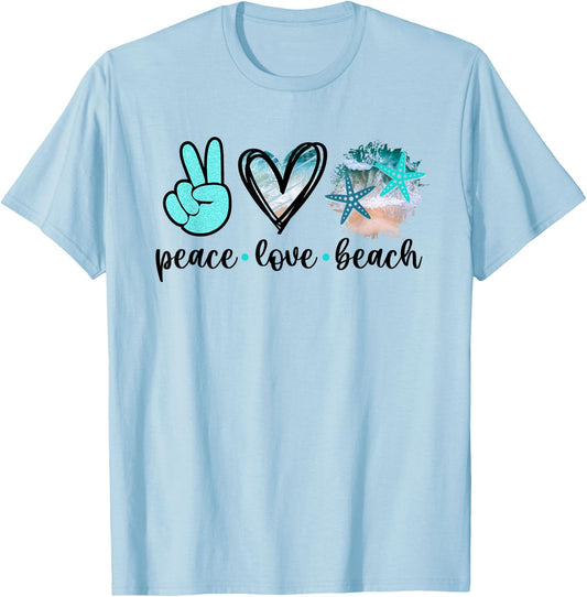 Peace Love Beach - Summer Hippie Ocean Vacation Sun Seaside T-Shirt - T-Shirt | Light Blue