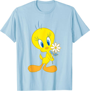 Looney Tunes Cute Tweety Bird Holding A Flower Logo T-Shirt - T-Shirt | Light Blue