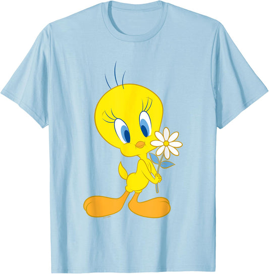 Looney Tunes Cute Tweety Bird Holding A Flower Logo T-Shirt - T-Shirt | Light Blue
