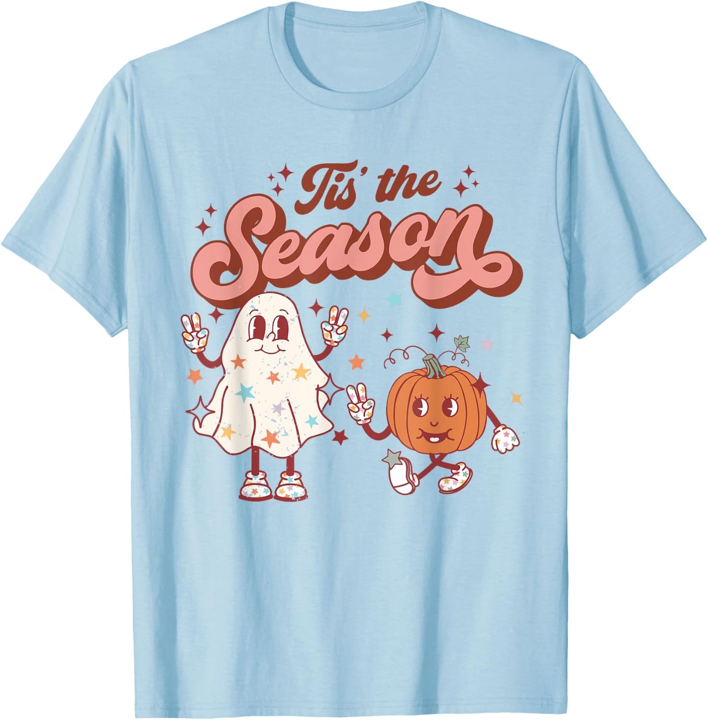 Tis' The Season Retro Halloween Party Funny Ghost Pumpkin T-Shirt - T-Shirt | Light Blue
