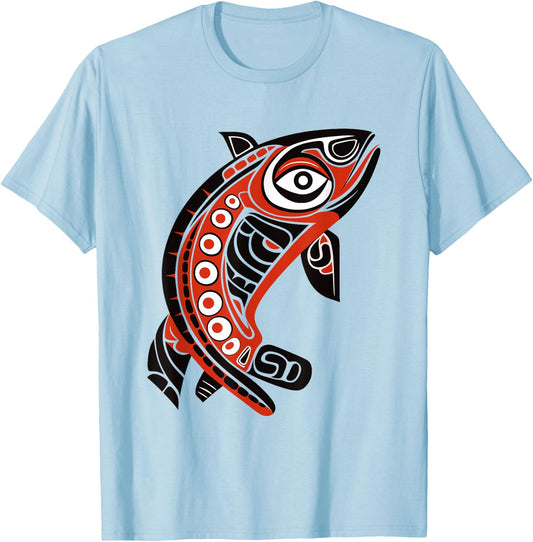 Native American Pacific Northwest Coast Art Tribal Salmon T-Shirt - T-Shirt | Light Blue