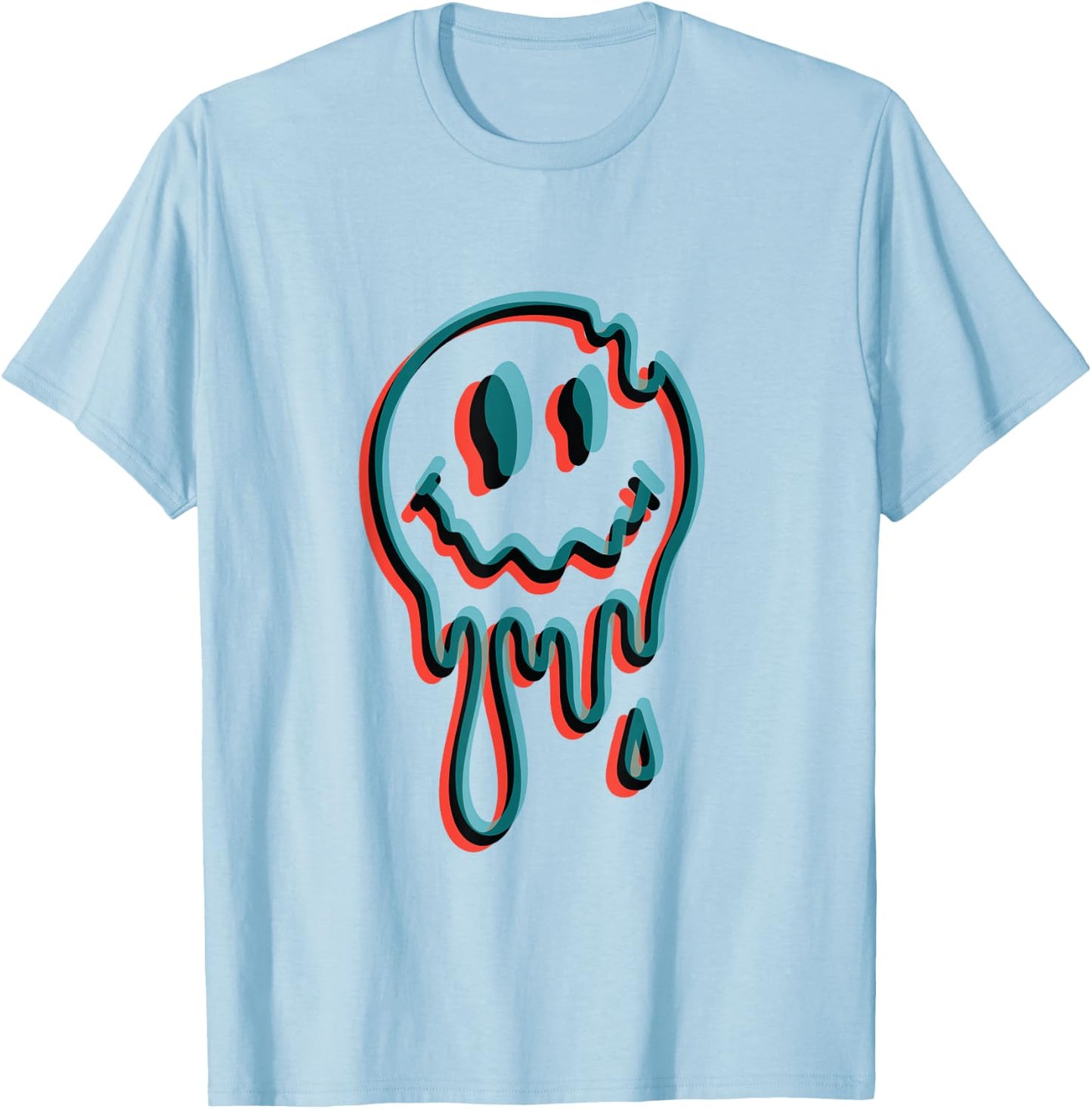 Melting Smiling Face Glitch Trippy Dripping T-Shirt - T-Shirt | Light Blue