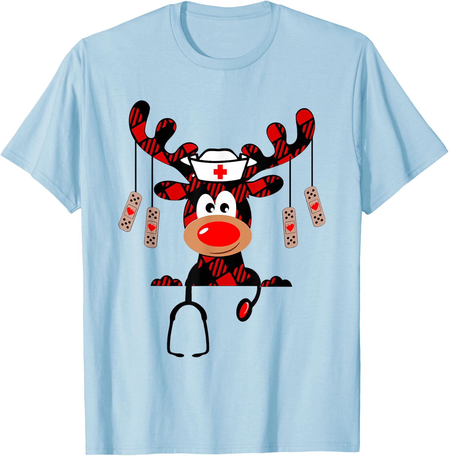 Nurse Christmas Reindeer Nurse Plaid NICU RN LPN Scrub Top T-Shirt - T-Shirt | Light Blue
