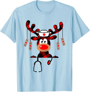 Nurse Christmas Reindeer Nurse Plaid NICU RN LPN Scrub Top T-Shirt - T-Shirt | Light Blue