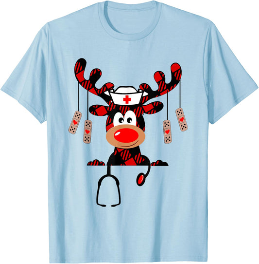 Nurse Christmas Reindeer Nurse Plaid NICU RN LPN Scrub Top T-Shirt - T-Shirt | Light Blue