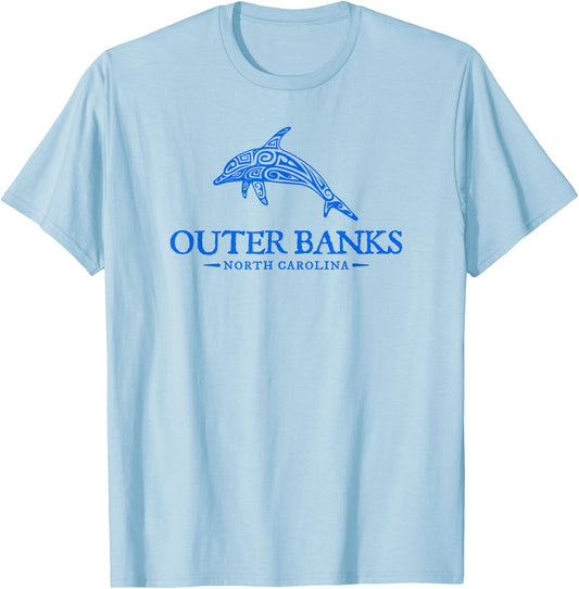 Outer Banks North Carolina Dolphin Retro Throwback Souvenir T-Shirt - T-Shirt | Light Blue